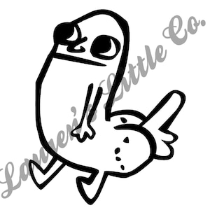 May include: Black and white cartoon illustration of a quirky character with a large head, small arms, and a prominent rear end. The character is walking with a whimsical expression. The image has a minimalist style.