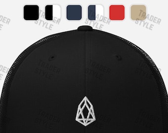 May include: Black trucker hat with a white embroidered Ethereum logo.