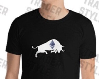 May include: Black t-shirt with a white bull graphic featuring a blue Ethereum logo. The bull is charging forward.
