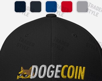 May include: A black baseball cap with a white embroidered Dogecoin logo and a cartoon Shiba Inu dog wearing sunglasses.