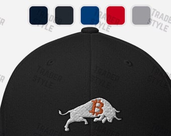 May include: Black baseball cap with a white embroidered bull with a Bitcoin symbol on its side.