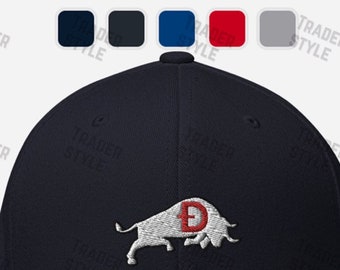 May include: Navy blue baseball cap with an embroidered white bull logo and a red "D" inside. The hat has a curved brim and a structured fit. The image also shows color swatches.