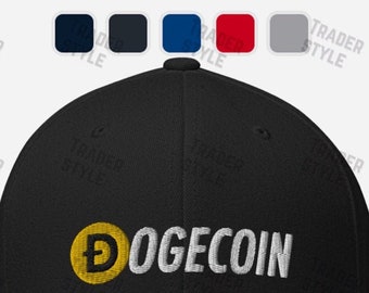 May include: Black baseball cap with a white embroidered Dogecoin logo featuring a yellow Dogecoin symbol.