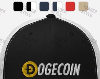 May include: A black and white trucker hat with a white mesh back. The front of the hat features a yellow Dogecoin logo and the text "DOGECOIN" in white.