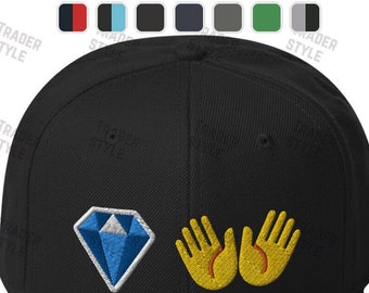 May include: Black baseball cap with a blue diamond and two yellow waving hands embroidered on the front.