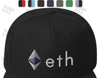 May include: Black and white embroidered baseball cap with a silver Ethereum logo and the word "eth" on the front.