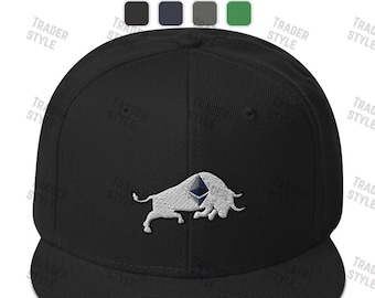 May include: Black baseball cap with a white embroidered bull with a blue Ethereum logo on the front.