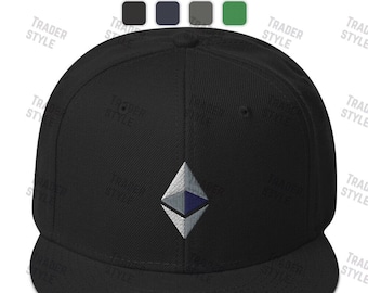May include: Black and gray embroidered Ethereum logo on a black fitted baseball cap.