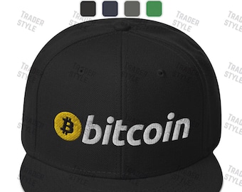 May include: Black baseball cap with a white embroidered bitcoin logo and a yellow bitcoin symbol.