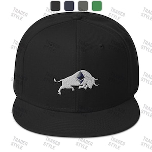May include: Black baseball cap with a white embroidered bull with a blue Ethereum logo on the front.