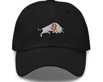 May include: Black baseball cap with a white embroidered bull with a Bitcoin symbol on its back.
