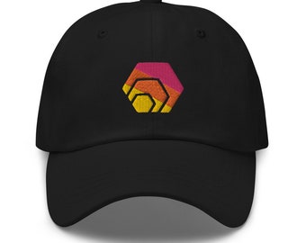 May include: A black baseball cap with an embroidered logo featuring three overlapping hexagons in shades of pink, orange, and yellow.