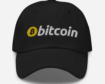 May include: Black baseball cap with a white embroidered Bitcoin logo and a yellow Bitcoin symbol.