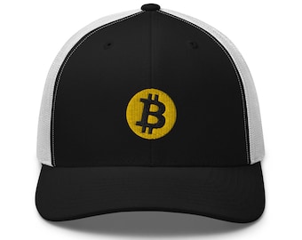 May include: Black and white trucker hat with a yellow embroidered Bitcoin logo.