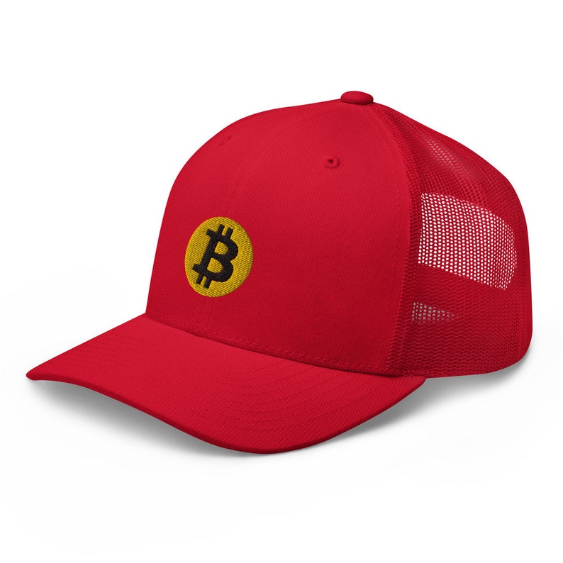 May include: A red and black baseball cap with a yellow Bitcoin logo embroidered on the front. The cap has a mesh back.