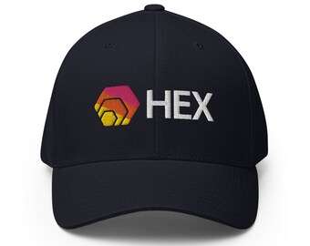 May include: A navy blue baseball cap with an embroidered HEX logo in white. The logo features a geometric shape in pink, orange, and yellow.