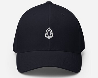 May include: A navy blue baseball cap with a white embroidered Ethereum logo.