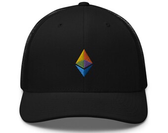 May include: Black trucker hat with a rainbow colored Ethereum logo embroidered on the front.