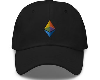 May include: A black baseball cap with an embroidered rainbow Ethereum logo.