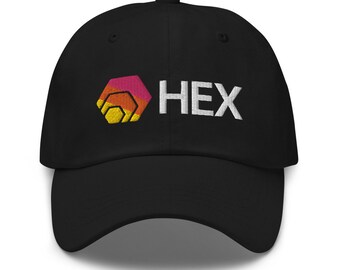 May include: Black baseball cap with a white embroidered HEX logo and a colorful geometric design.