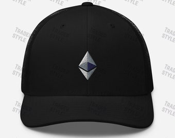 May include: Black trucker hat with a white and blue Ethereum cryptocurrency logo embroidered on the front.