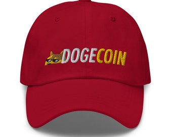 May include: Red baseball cap with an embroidered image of a dog wearing sunglasses and the text "DOGECOIN" in white and yellow.