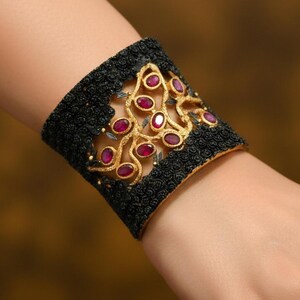 Nature-Inspired Ruby Wide Cuff Bracelet, 24K Gold Plated Brass, Rose Leaf Branch Motif