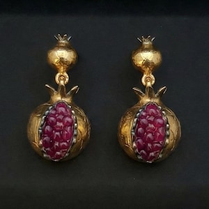 24k Gold Plated Pomegranate Earrings, Ruby Quartz Fruit Jewelry, Black Rhodium Detail, Persephone Symbol, Botanical Dangle, Red Stone Drop