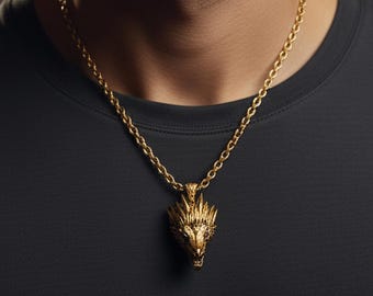 Drachenkopf-Halskette, 24 Karat vergoldetes Messing, 3D-Anhänger im Stil der Mythologie, Wikinger-Fantasy-Schmuck, 53 cm lange Kette, ausdrucksstarkes Statement-Piece