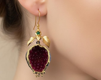 Ruby Quartz Pomegranate Earrings 24K Gold Plated with Black Rhodium and Emerald Leaf Statement Dangle Jewelry