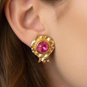Gold Pomegranate Stud Earrings 24K Gold Plated Brass with Ruby Stones, Ottoman Inspired Symbolic Jewelry