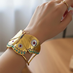 24K Gold Plated Brass Butterfly Cuff, Ruby Quartz Turquoise Gemstones, Two-Tone Statement Jewelry