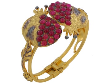 Gold Plated Brass Pomegranate Cuff Bracelet with Ruby Quartz, Black Rhodium Accents