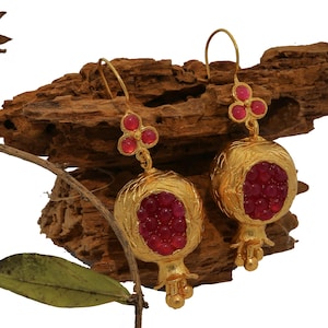 Pomegranate earrings – Elegant Handmade Gold Jewelry with Authentic Jewish and Fruit-Earrings dangle,Themed Design