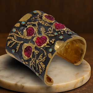 24K Gold Pomegranate Cuff Bracelet: Turkish Ottoman Style Adjustable Bangle