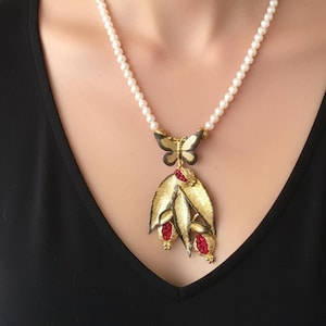Ottoman Pomegranate Pendant Necklace, Ruby Quartz, Brass, Symbol of Prosperity, Antique Inspired Botanical Jewelry for Women Unique