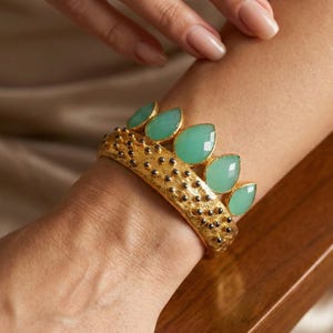 Two Tone Gold Bracelet Black Rhodium Pastel Green Quartz Cuff 24K Gold Plated Brass Adjustable Statement Jewelry