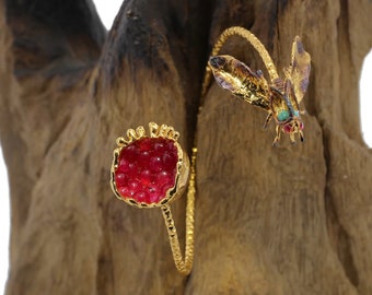 24K Gold Ottoman Pomegranate Bracelet Ruby Eyes Turquoise Wings Handmade Cuff Symbolic Fertility Jewelry Statement Piece