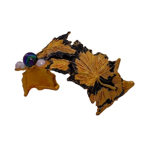 Gold Maple Leaf Cuff Bracelet: Pearl Accent Wide Brass Bangle