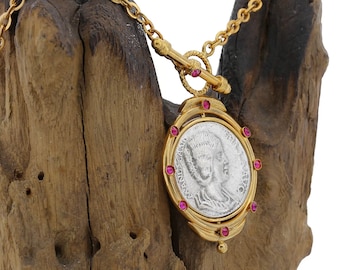 Ancient Coin Necklace 24K Gold Plated Brass Rotating Medallion with Ruby Gemstones Hellenistic Inspired Jewelry