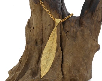 Könnte beinhalten: Eine goldene Blattanhänger-Kette mit einer zarten Kette. Der Anhänger ist eine detaillierte, realistische Darstellung eines Blattes.
