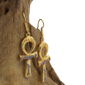 24K Gold Ankh Hoop Earrings: Egyptian Revival Jewelry