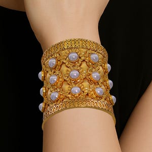 24K Gold Plated Cuff Bracelet: Wide Brass Bangle with Mayorka Pearls