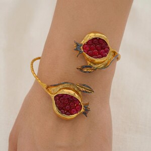 Pomegranate Bracelet – Brass Cuff with Ruby Red Quartz, Gold Finish