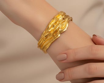 Gold Crumpled Cuff Bracelet 24K Gold Plated Brass Adjustable Textured Bangle Minimal Elegant Statement Jewelry