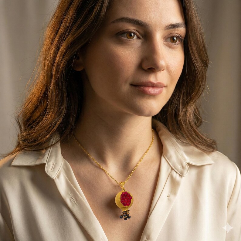 May include: A gold-colored necklace featuring a pendant shaped like a pomegranate. The pendant has a red center and is accented with small, dark blue beads. The necklace is worn by a person wearing a white button-down shirt.