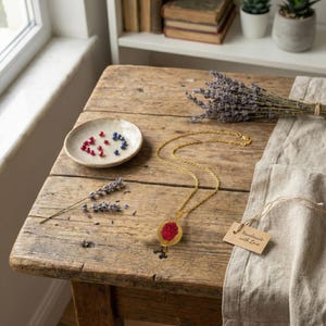 May include: A gold-colored necklace with a red pendant and black accents rests on a rustic wooden table. A small dish with red and blue beads, lavender sprigs, and a tag that reads "Handmade with Love" are also on the table. The scene is lit by natural light.