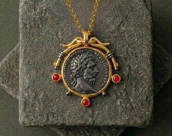 Gold Plated Roman Coin Necklace with Coral Accent Ancient Style Jewelry
