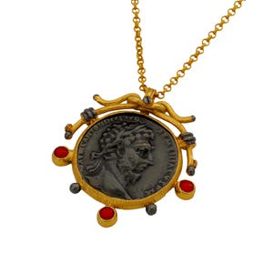 24K Gold Plated Roman Coin Necklace-Coral Accent, Customizable Length