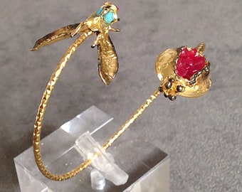 Gold Pomegranate Cuff Bracelet – Handcrafted Hammered Brass, Leaf & Fly Detail